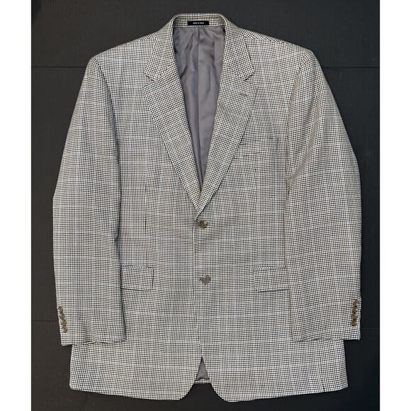 Ralph Ralph Lauren Blazer Sport Coat Mens‎ 44L Black Cream Blue Houndstooth Silk - Picture 1 of 12